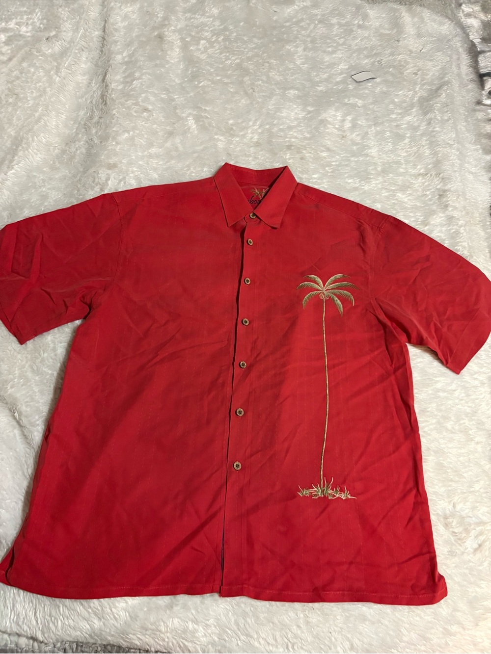BAMBOO CAY Red Short-Sleeve Button-Down Shirt with Palm Embroidery